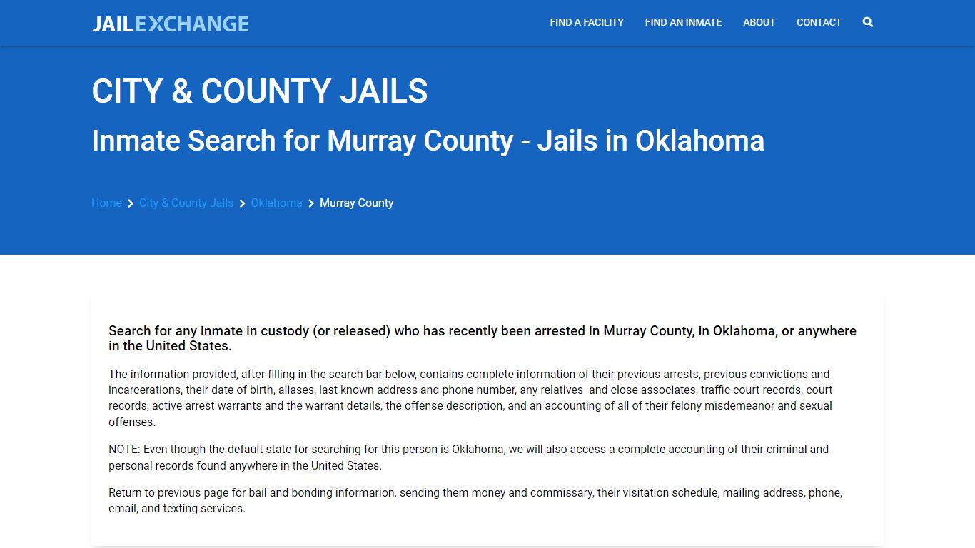 Locate an inmate in Murray County, Oklahoma - Jail Exchange